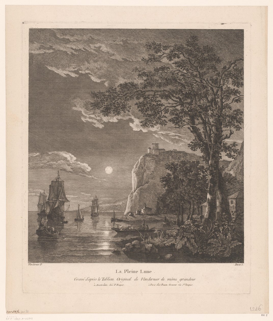 Sahilde gemilerle gece manzarası La Pleine Lune. (nesne üzerindeki başlık) by Pierre Jacques Duret
