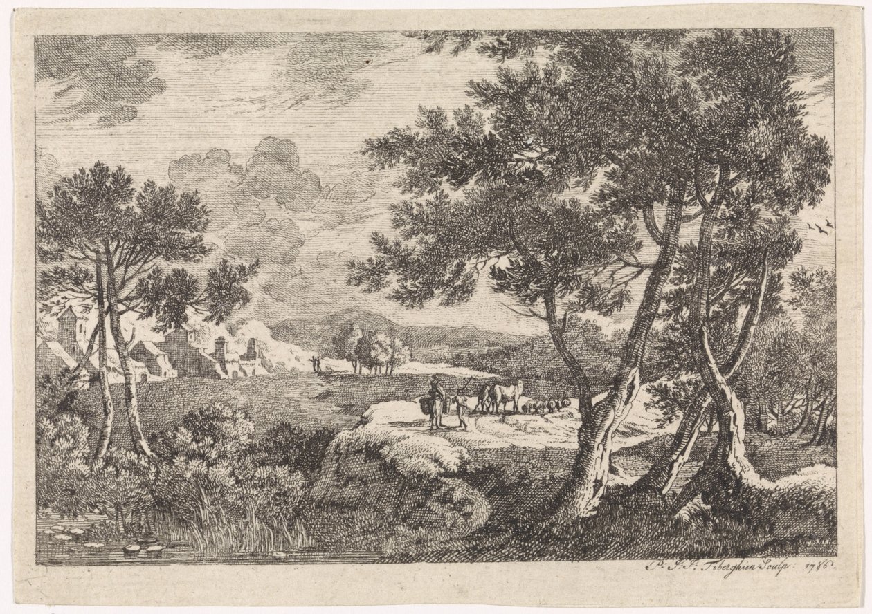 Ön planda ağaçlar olan manzara by Pierre Joseph Jacques Tiberghien