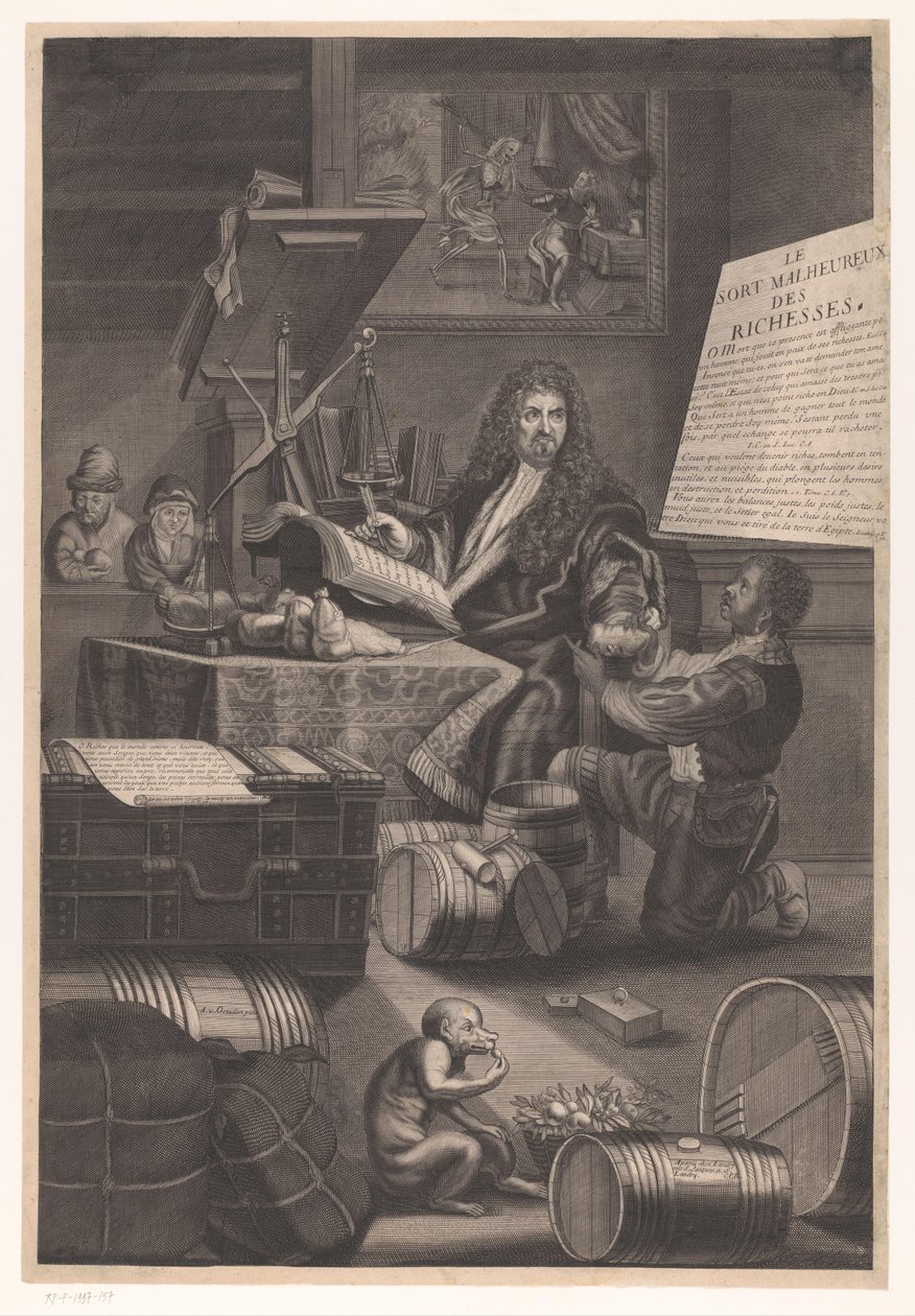Zenginliğin tehlikeleri hakkında uyarı veren altın terazi by Pierre Landry (attributed to)