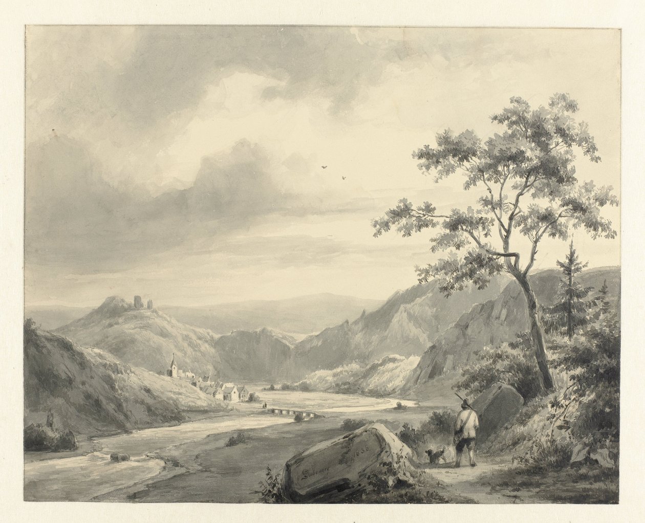 Yolda köpek ile avcı ile tepelik manzara by Pierre Louis Dubourcq
