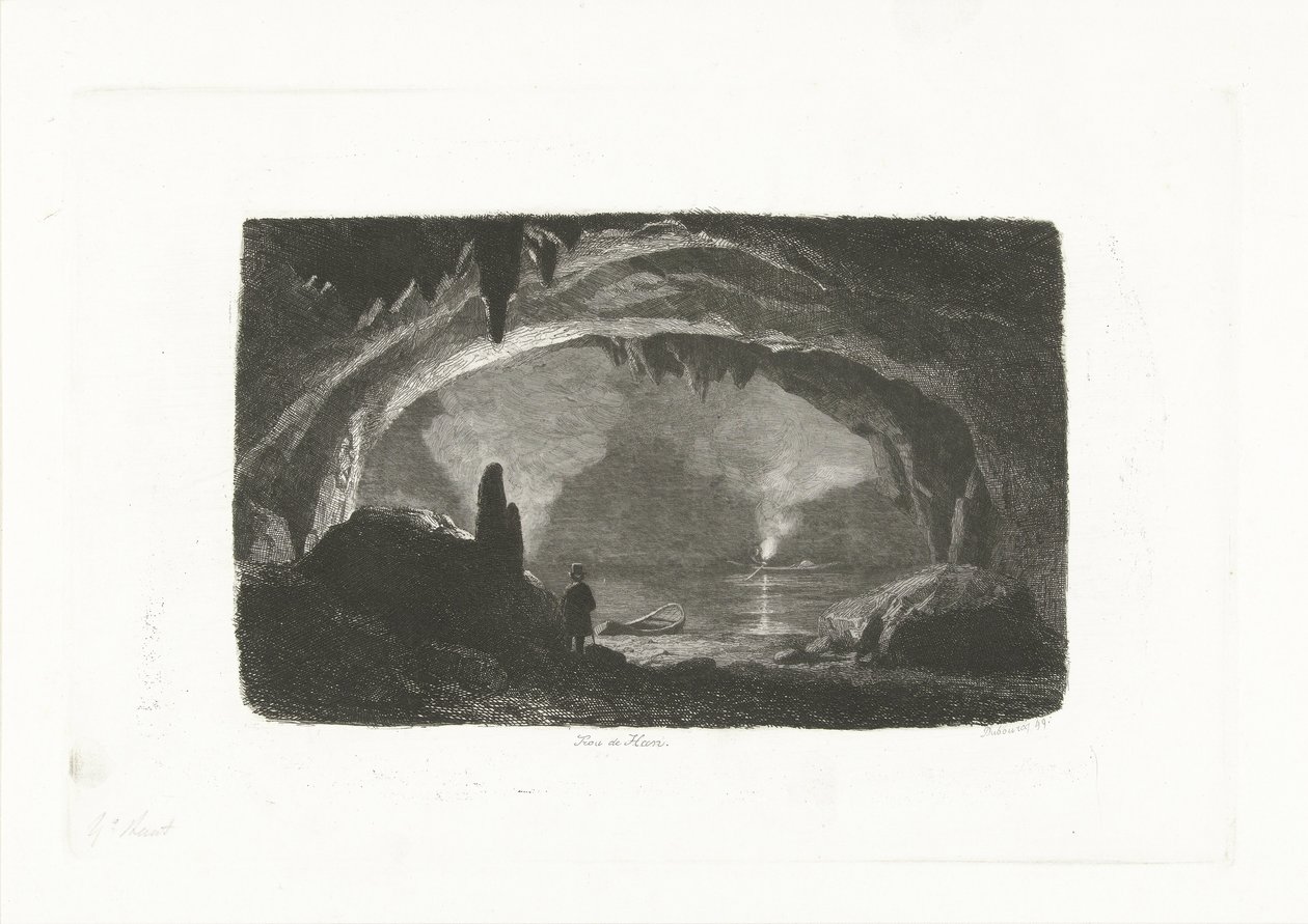 Han mağaralarında kayıklı adam Trou de Han (nesne üzerindeki başlık) by Pierre Louis Dubourcq