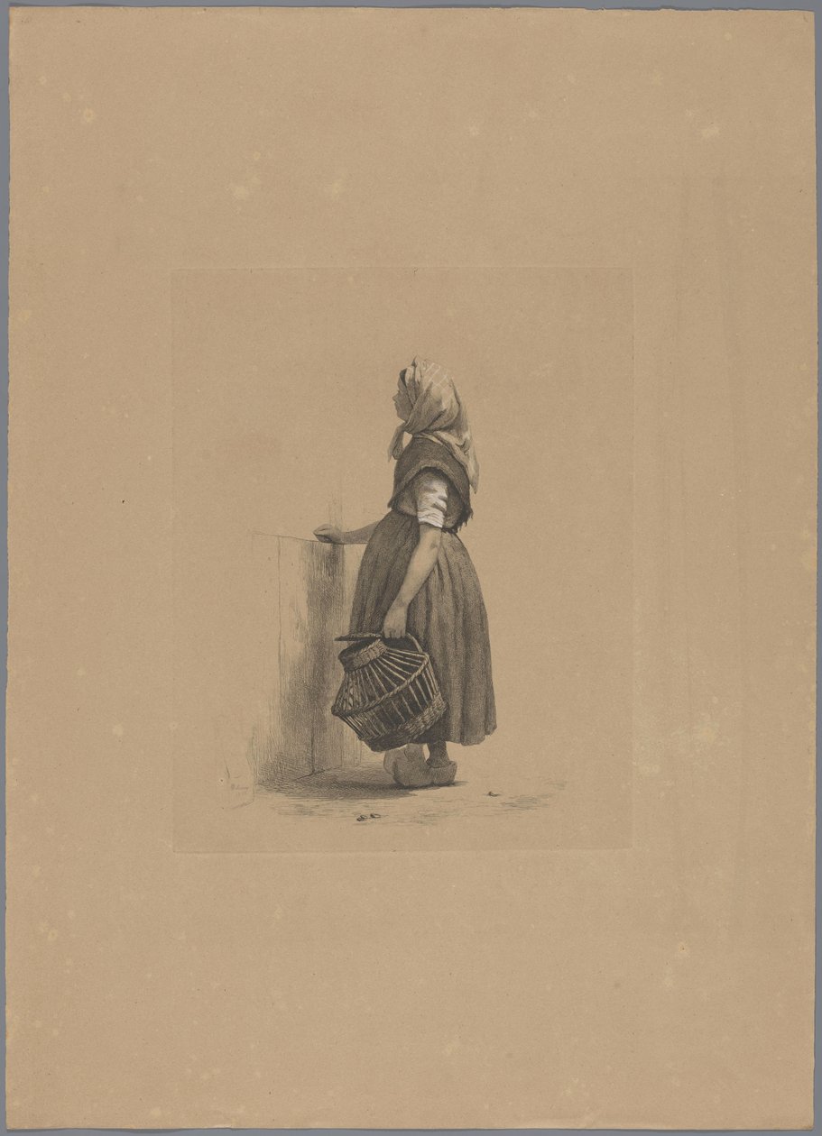 Kümes hayvanları sepeti ile duran kız Beş gravür kanıtı (seri başlığı) by Pierre Louis Dubourcq