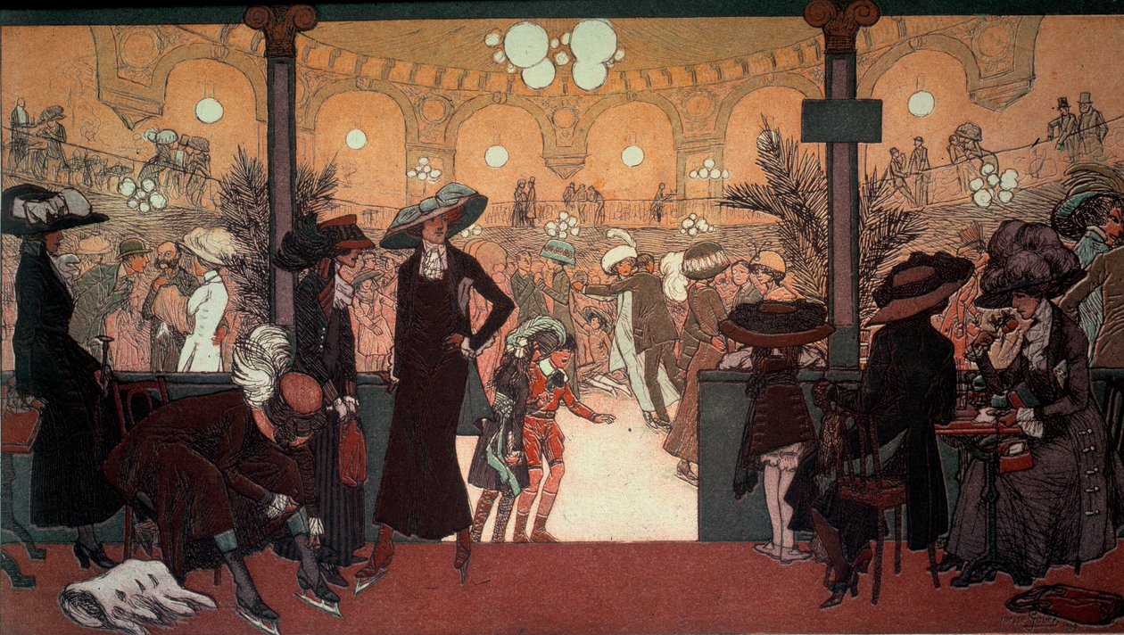 Palais des Glaces: Paris'teki Champs Elysees'deki Palais des Glaces'in iç kısmından görünüm: paten pisti. Sanat eseri Pierre Gatier (1878-1944) Özel koleksiyon by Pierre Louis Gatier