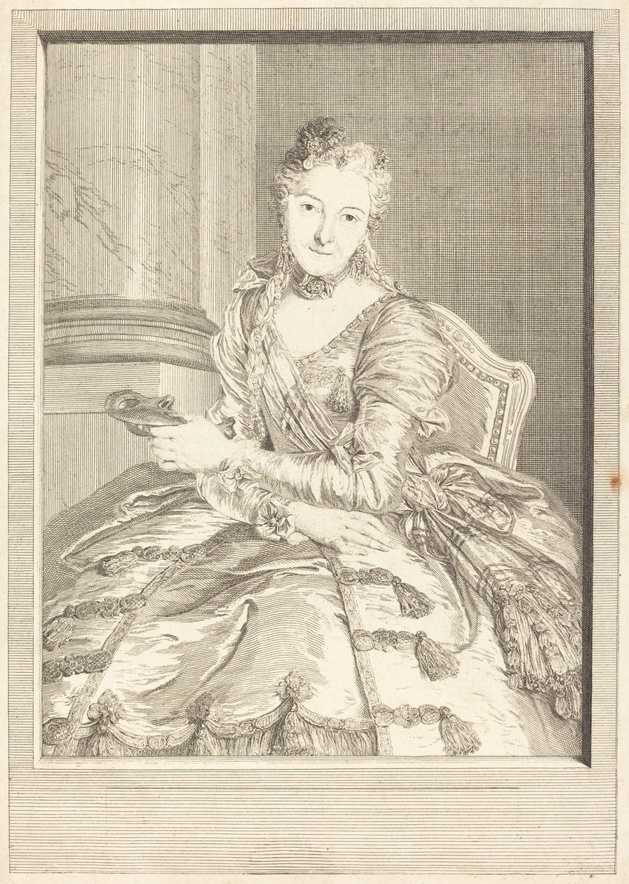 Bayan de M ... bir balo elbisesi içinde by Pierre Louis de Surugue after Charles Antoine Coypel