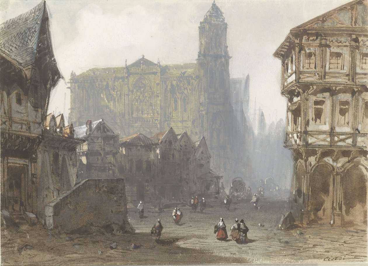 Rouen'deki Eski Pazar Meydanı by Pierre Luc Charles Ciceri