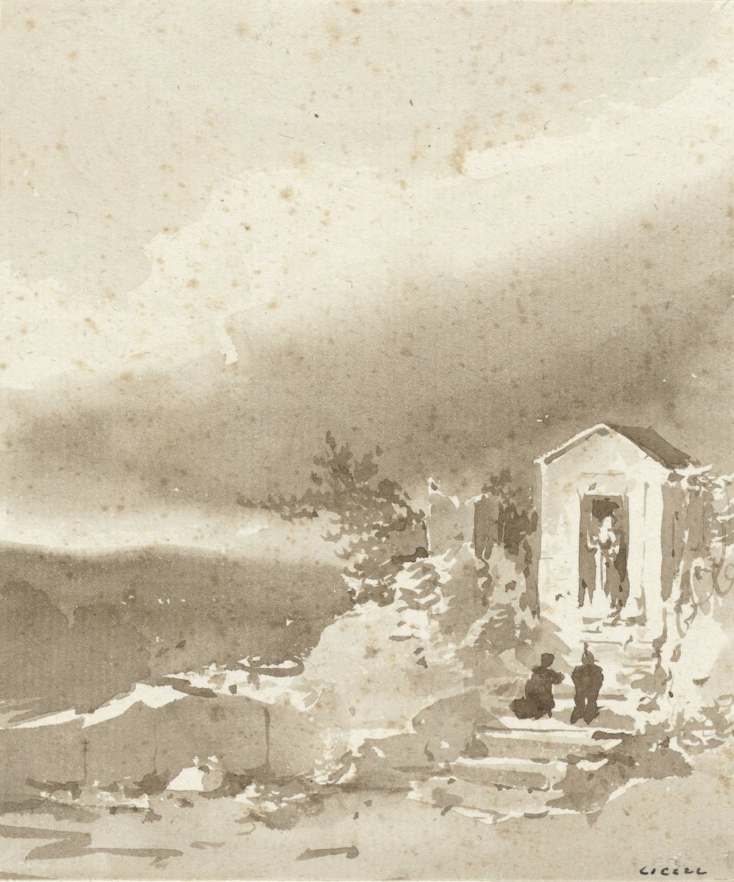 Dağlarda bir şapelin önünde merdivenlerde diz çökmüş iki kişi by Pierre Luc Charles Ciceri