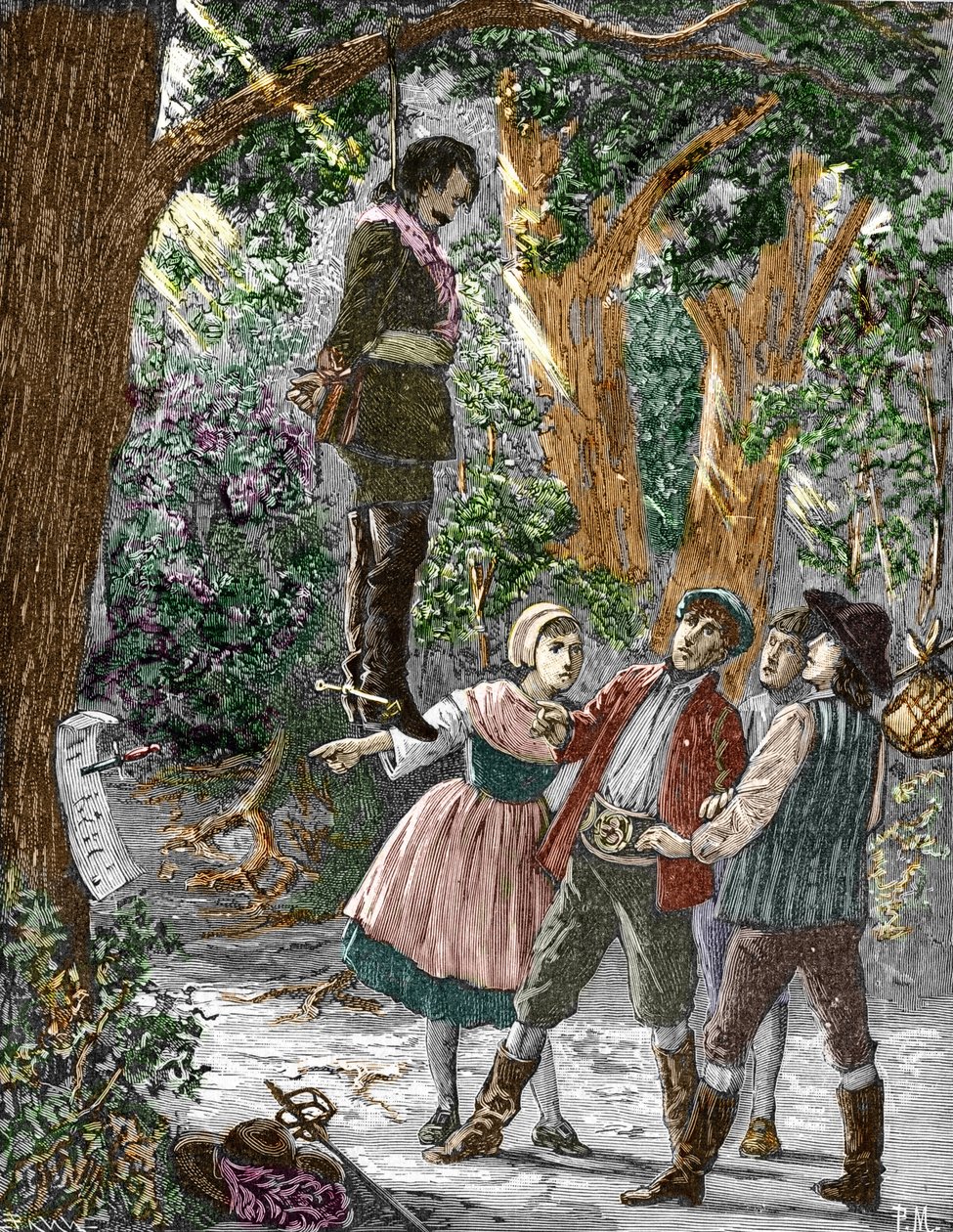 Alman serbest mahkemeleri Vehmic mahkemesi (Vehmgericht, kutsal vehme) tarafından yargılanan asılmış bir adam, Almanya'da Vestfalya'nın geç Orta Çağ'da aktif olan bir "proto-vigilante" mahkeme sistemi, özgür yargıçlar olarak adlandırı by Pierre Mejanel
