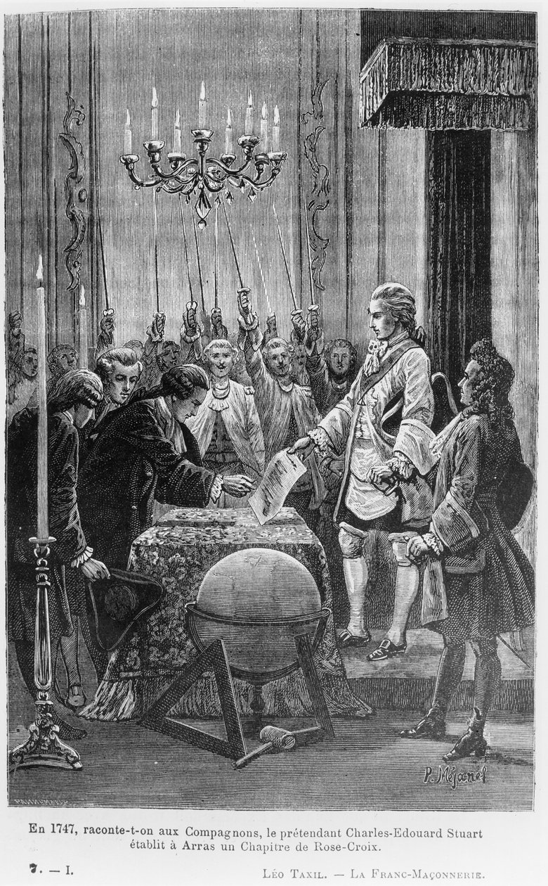 Sahabelere, 1747'de iddia sahibi Charles-Edward Stuart'ın (1720-1788) Arras'ta bir Gül Haç Bölümü kurduğu söylenir, Leo Taxil'in 'Hür Duvarcılık'tan bir örnek (bw p by Pierre Mejanel