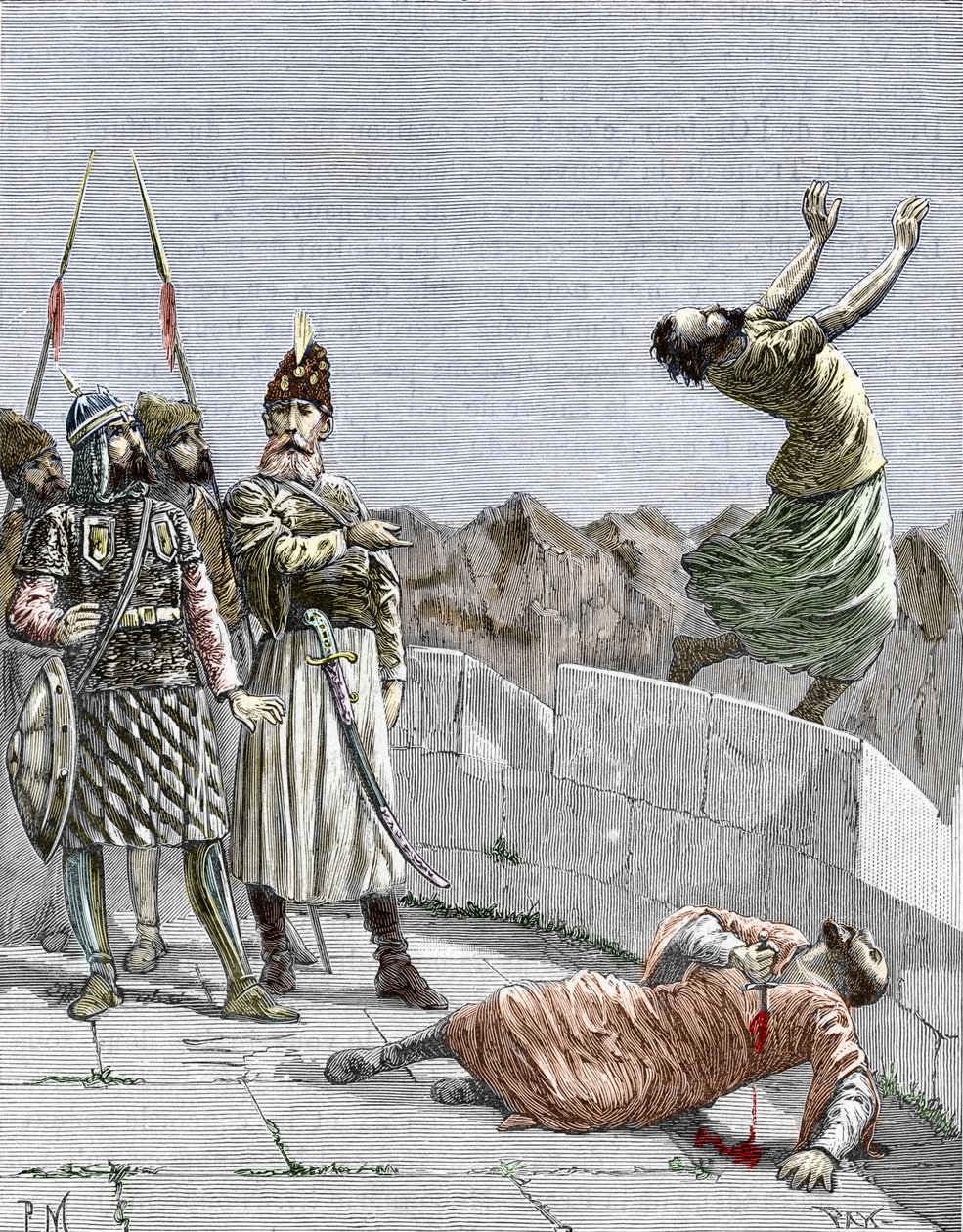 Doğunun İsmaili mezhebi ya da Dağın yaşlı adamı olarak bilinen Hassan ibn al-Sabbah (1036-1124) tarafından kurulan katiller”, iki fanatik takipçisinin kendilerini öldürmelerini emrediyor, Alamut, İran, 1096 civarında” (Nizari) İsmailizm: Hassan'ın tems by Pierre Mejanel
