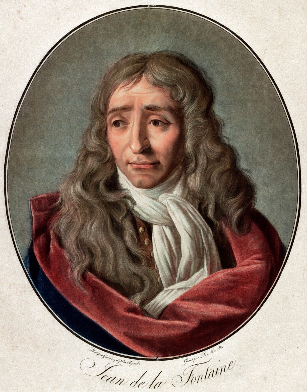 Jean de La Fontaine (Lafontaine) portresi (1621-1695), Fransız şair tarafından Pierre Michel Alix (1762-1817) tarafından Ambroise Louis Garnerey (1783-1857) tarafından gravür by Pierre Michel Alix
