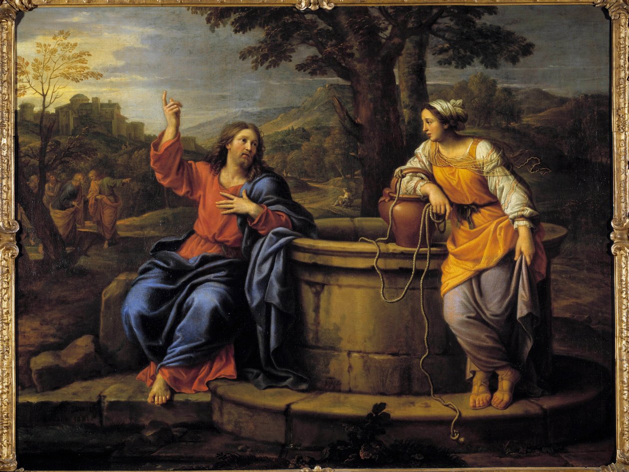 İsa ve Samiriyeli Dinlenmek için oturan İsa, su çekmeye gelen ve ondan içmesini isteyen bir Samiriyeli ile tanışır. Resim Pierre Mignard (1612-1695) 17. yüzyıl Raleigh, sanat müzesi by Pierre Mignard