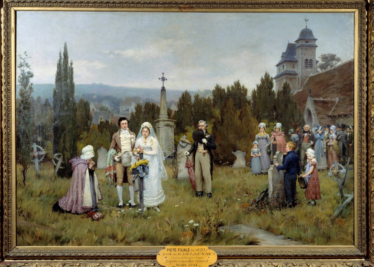 Piete iştiraki Düğün Sahnesi, genç gelinler, genç gelinlerden birinin ölen babasının mezarı üzerinde toplanır. Pierre Otin (1840-1899) 19. yüzyıl tablosu. Fecamp, müze sanat merkezi by Pierre Outin