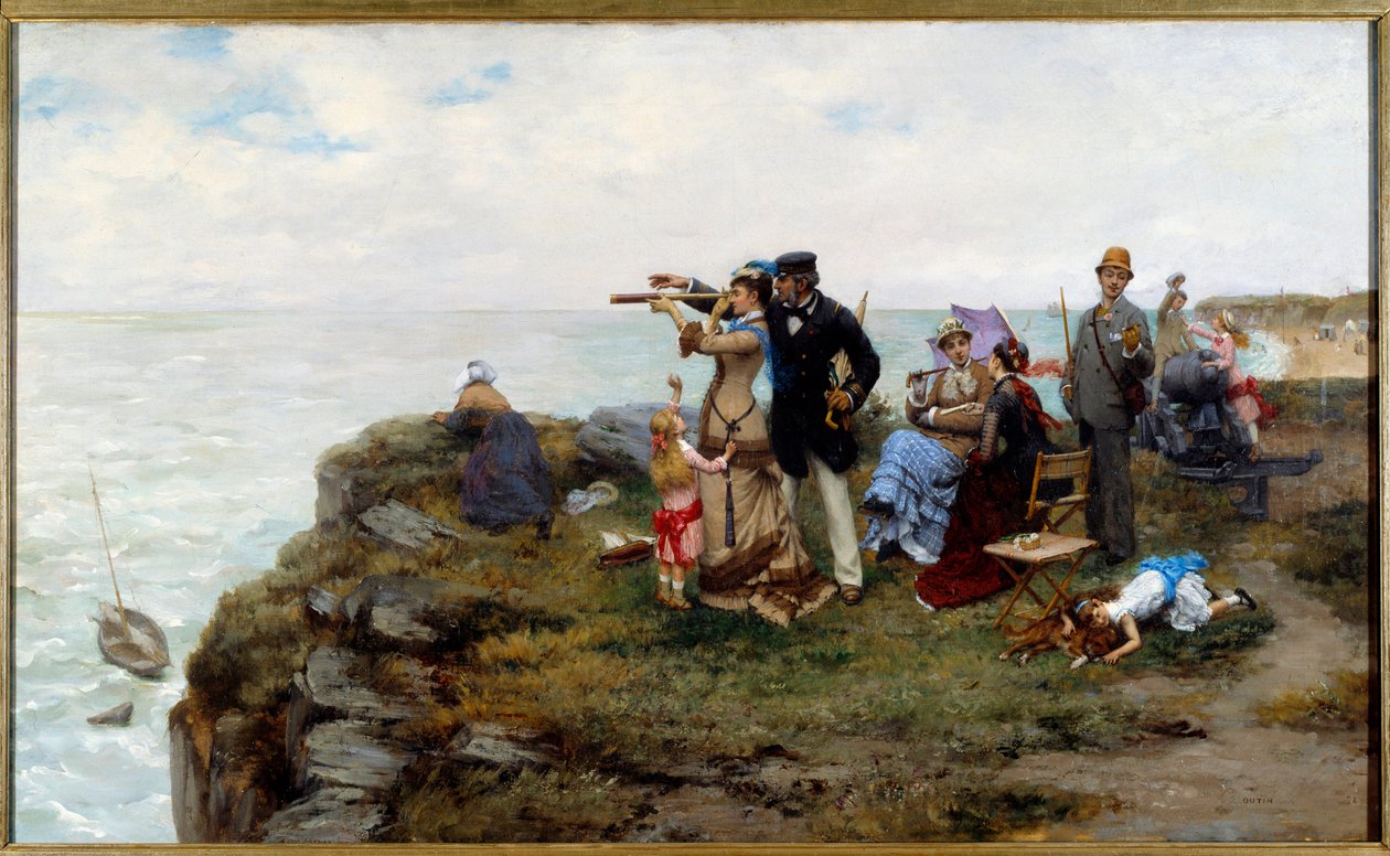 Kayalıklarda yürüyen Etretat Turistlerinin Uçurumları. Tablo Pierre Otin (1840-1899) 1878 Özel Koleksiyon by Pierre Outin