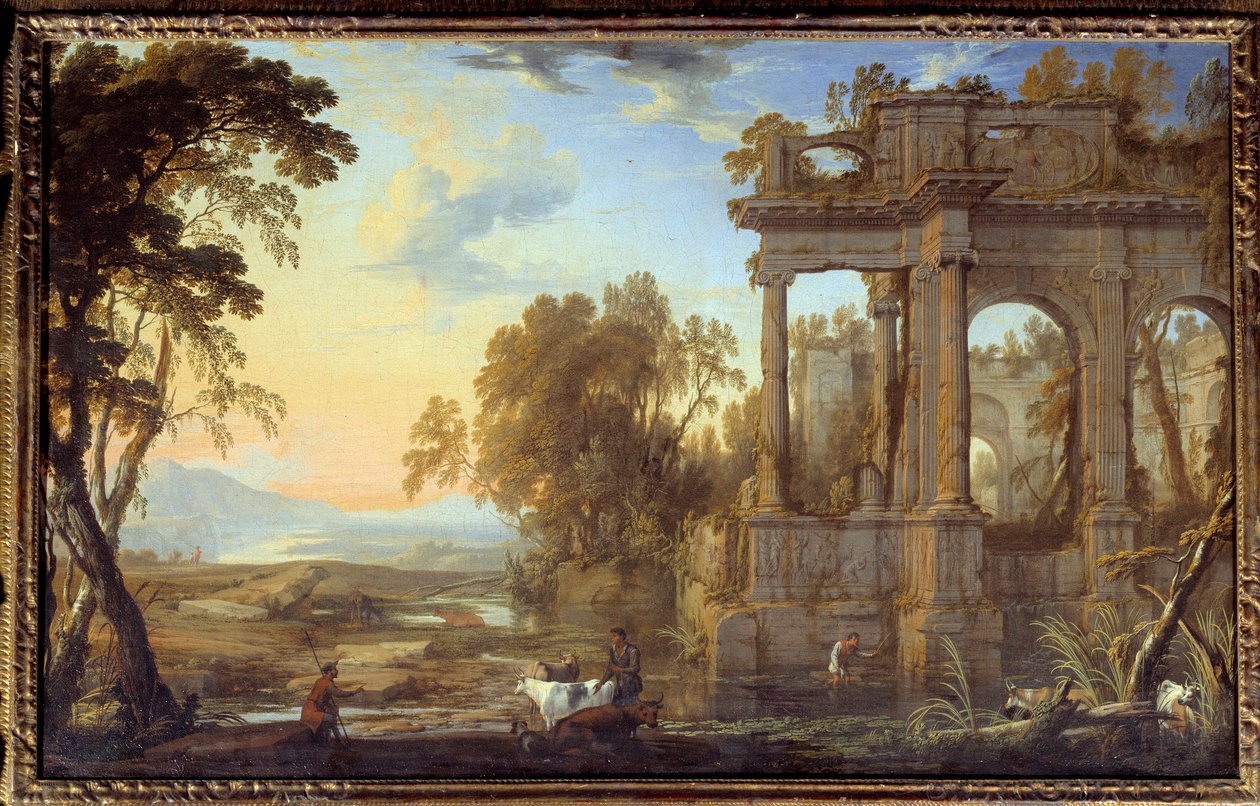 Harabeler ve Papazlar ile Manzara Tablosu Pierre Patel the Pere (1605-1676) 17. yüzyıl Güneşi. 0,53x0,83 m by Pierre Patel