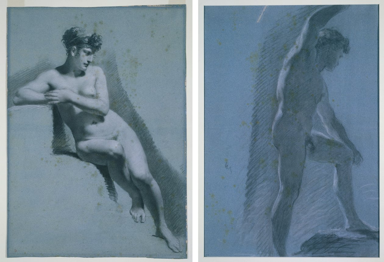 Çıplak Bir Kadının Oturmuş, Sağa Bakarak Çalışması (rekto) Çıplak Bir Erkeğin Çalışması (verso) by Pierre Paul Prud