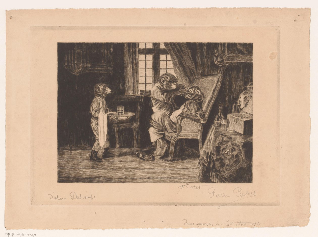 Diş hekimi, asistan ve hasta olarak maymunların hicivli tasviri by Pierre Peeters (signed by artist)