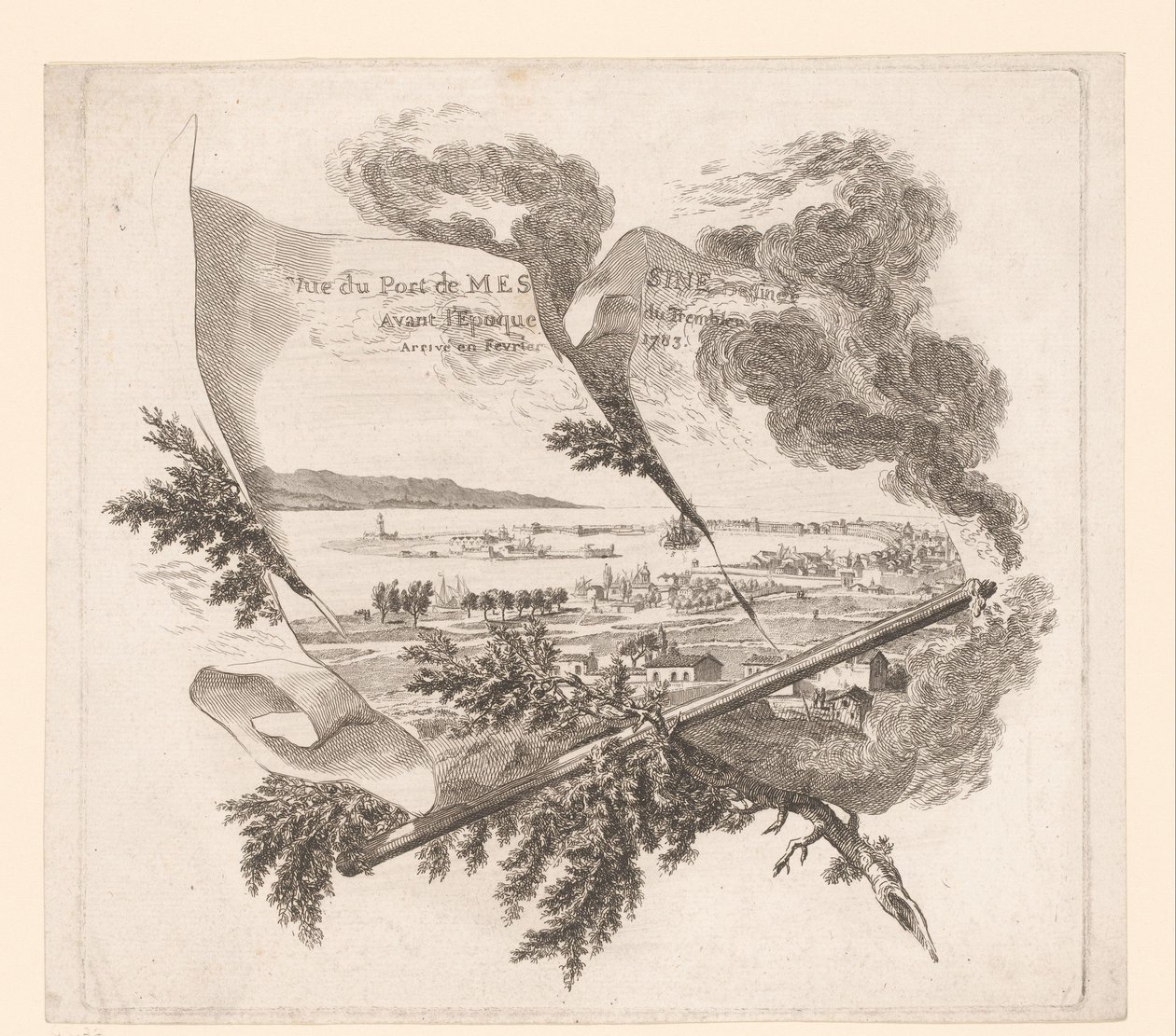 Zicht op dehaven van Messina Messina Limanı'nın Depremden Önce Çizilmiş Görünümü Şubat 1783'te. (nesne üzerindeki başlık) by Pierre Philippe Choffard (attributed to)