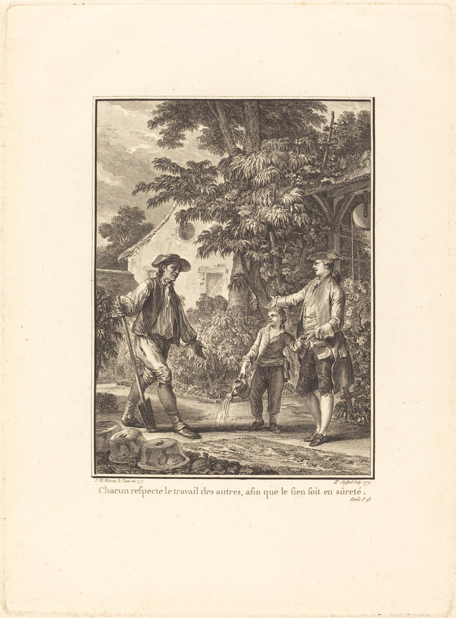 Herkes başkalarının çalışmalarına saygı duyar, böylece meme güvende olur by Pierre Philippe Choffard after Jean Michel Moreau