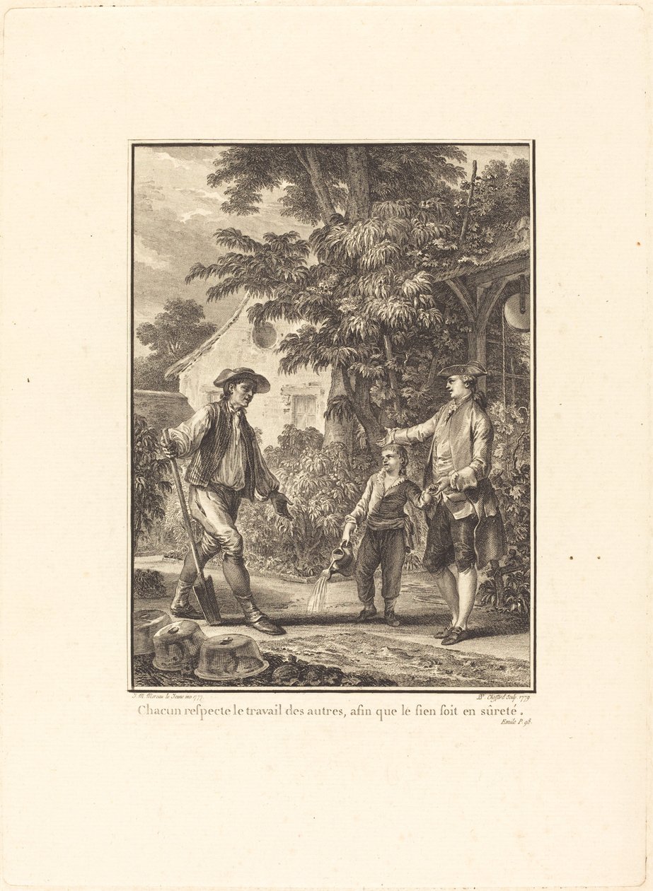 Herkes başkalarının işine saygı duyar, böylece kendi işi güvende olur by Pierre Philippe Choffard after Jean Michel Moreau