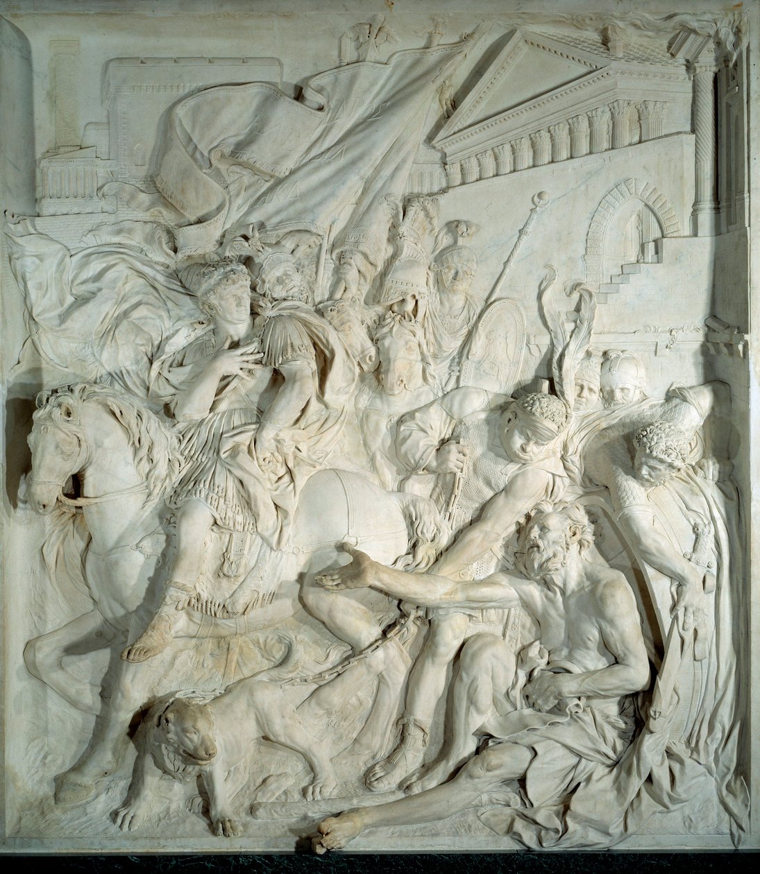Büyük İskender (MÖ 356 - MÖ 323), fıçısında Yunan filozof Kinik Diogene (MÖ 413 - MÖ - 327) ile tanışır”” Pierre Puget (1620-1694) tarafından bas kabartma mermer 1693. Salle des cent Suisse
