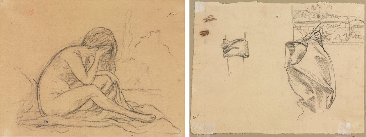 Çıplak Kadın Çalışması (muhtemelen gerçekleşmemiş bir alegorik resim için) (rekto); Perdelik Çalışmaları ve Peyzaj Çalışması (verso) by Pierre Puvis de Chavannes
