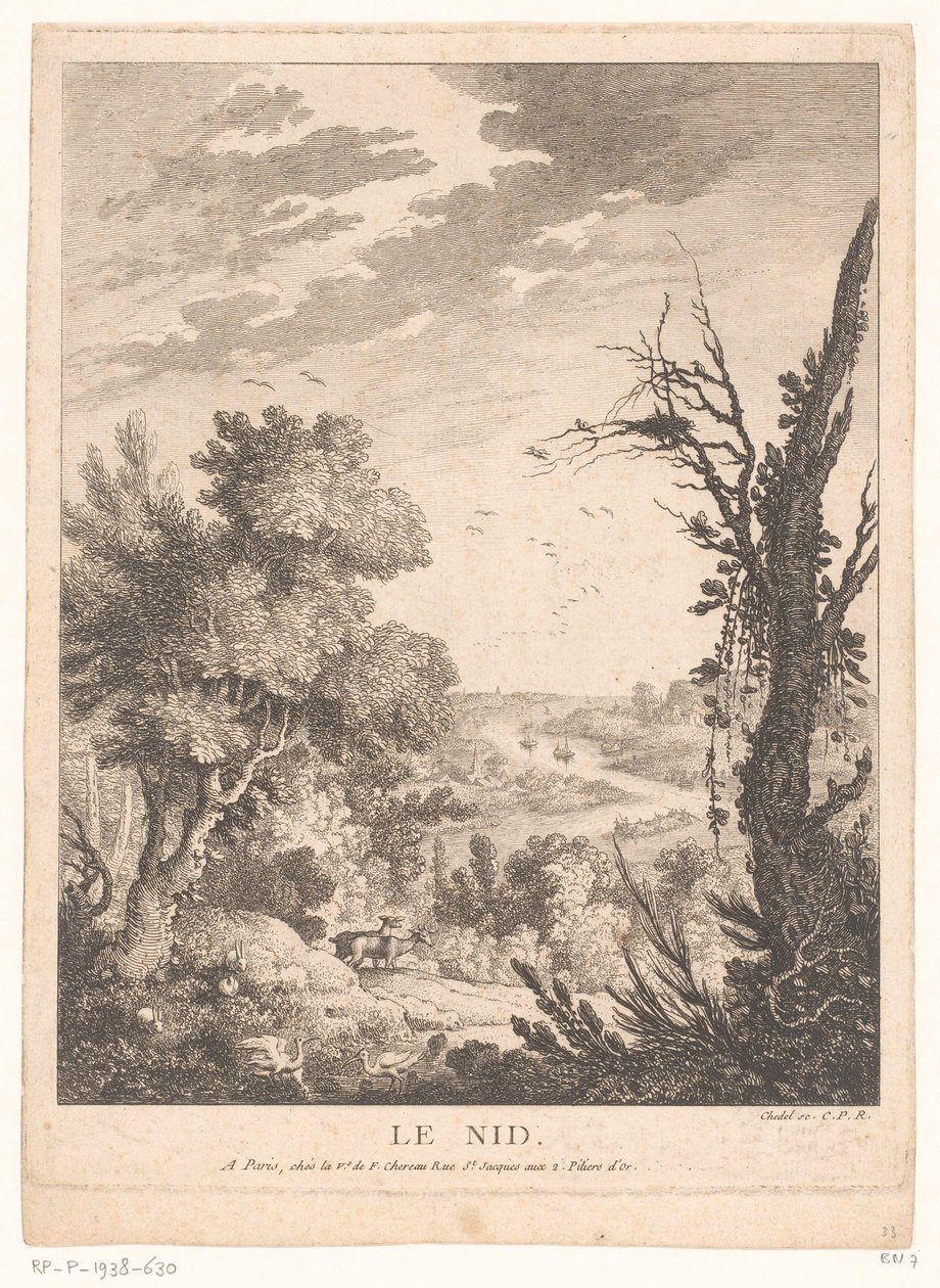 Geyik, tavşan ve kuşlar ve arka planda bir nehir ile manzara Le Nid (nesne üzerindeki başlık) by Pierre Quentin Chedel