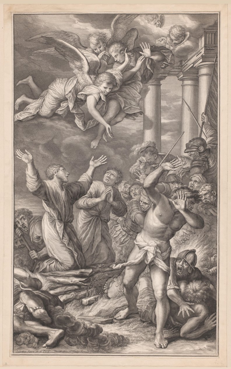 Cosmas ve Damianus, askerler ve meleklerle çevrili bir kazığa bağlandı. by Pierre Simon (I)