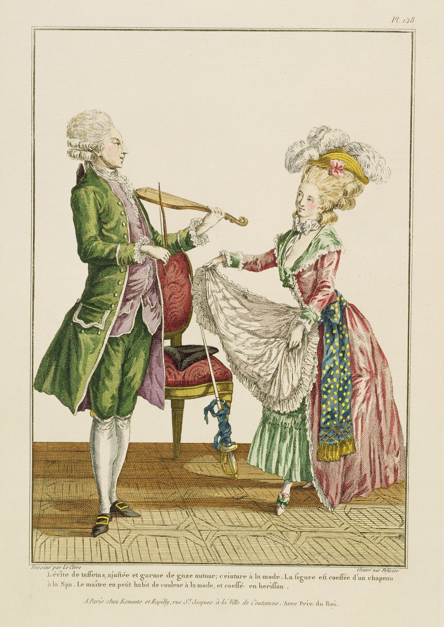 Bir bayan dans ederken keman çalan bir bey, J. Pelicier tarafından oyulmuş, c.1780-90 by Pierre Thomas Le Clerc