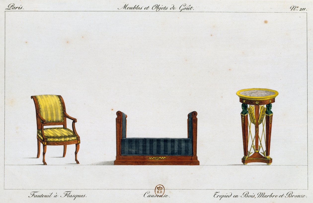 Flanşlı koltuk, ikili koltuk ve üç ayaklı masa, plaka 211, Collection de meubles et object de gut (Mobilya ve zevk objeleri koleksiyonu) by Pierre de La Mesangere