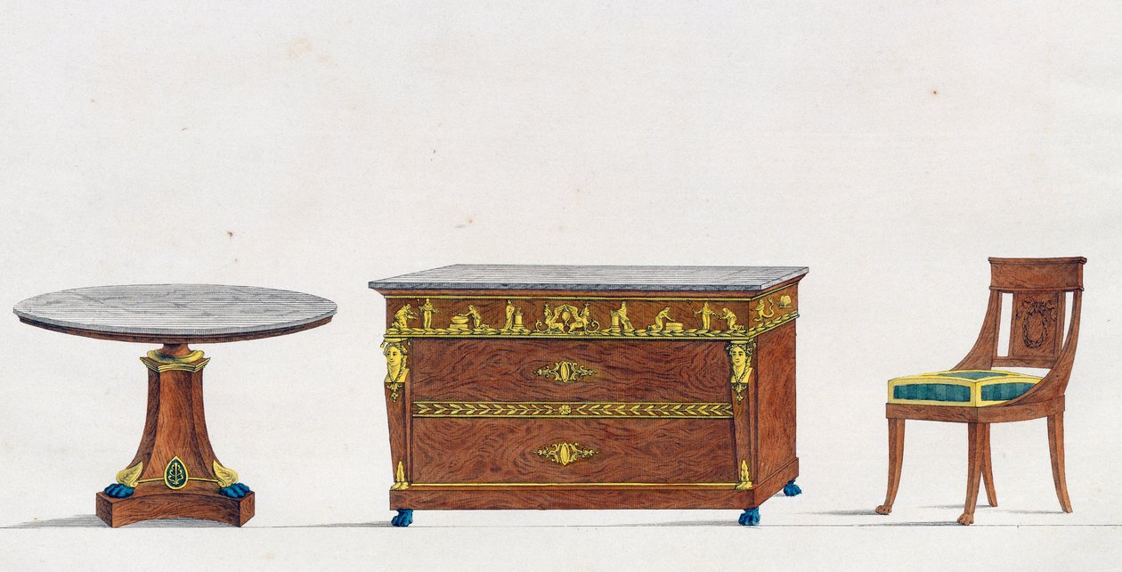 Maun masa, şifonyer ve sandalye, tabak 241, Collection de meubles et object de gut (Mobilya ve zevk objeleri koleksiyonu)