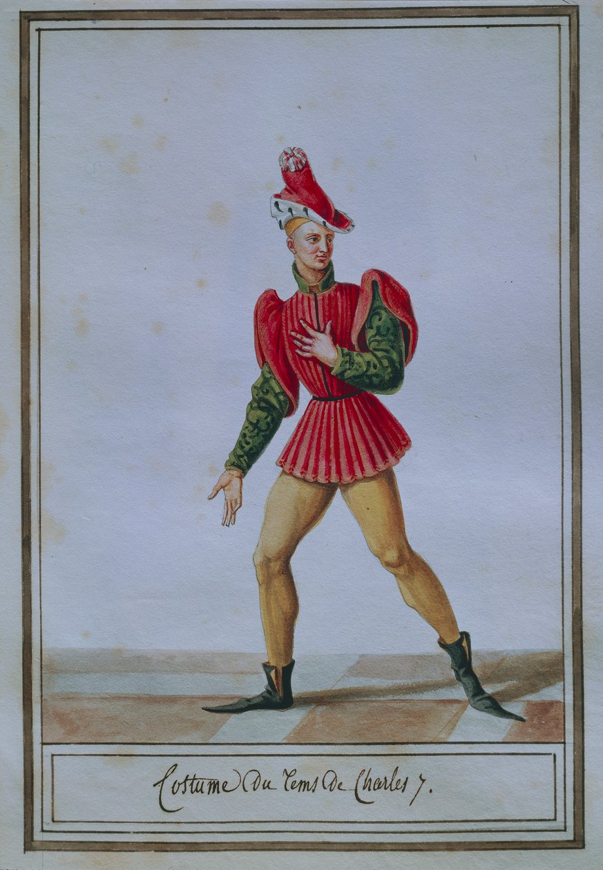 Pierre Antoine Leboux de La Mesangere (1761-1831), suluboya tarafından Charles VII (1403-1461) zamanının kostümünü gösteren erkek moda plakası by Pierre de La Mesangere