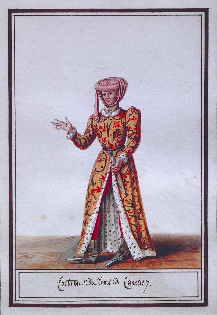 Charles VII (1403-1461), Pierre Antoine Leboux de La Mesangere (1761-1831), suluboya zaman kostümünü gösteren kadın moda plakası by Pierre de La Mesangere