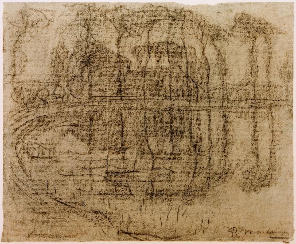 Su kenarında ağaçları olan çiftlik evi by Piet Mondrian