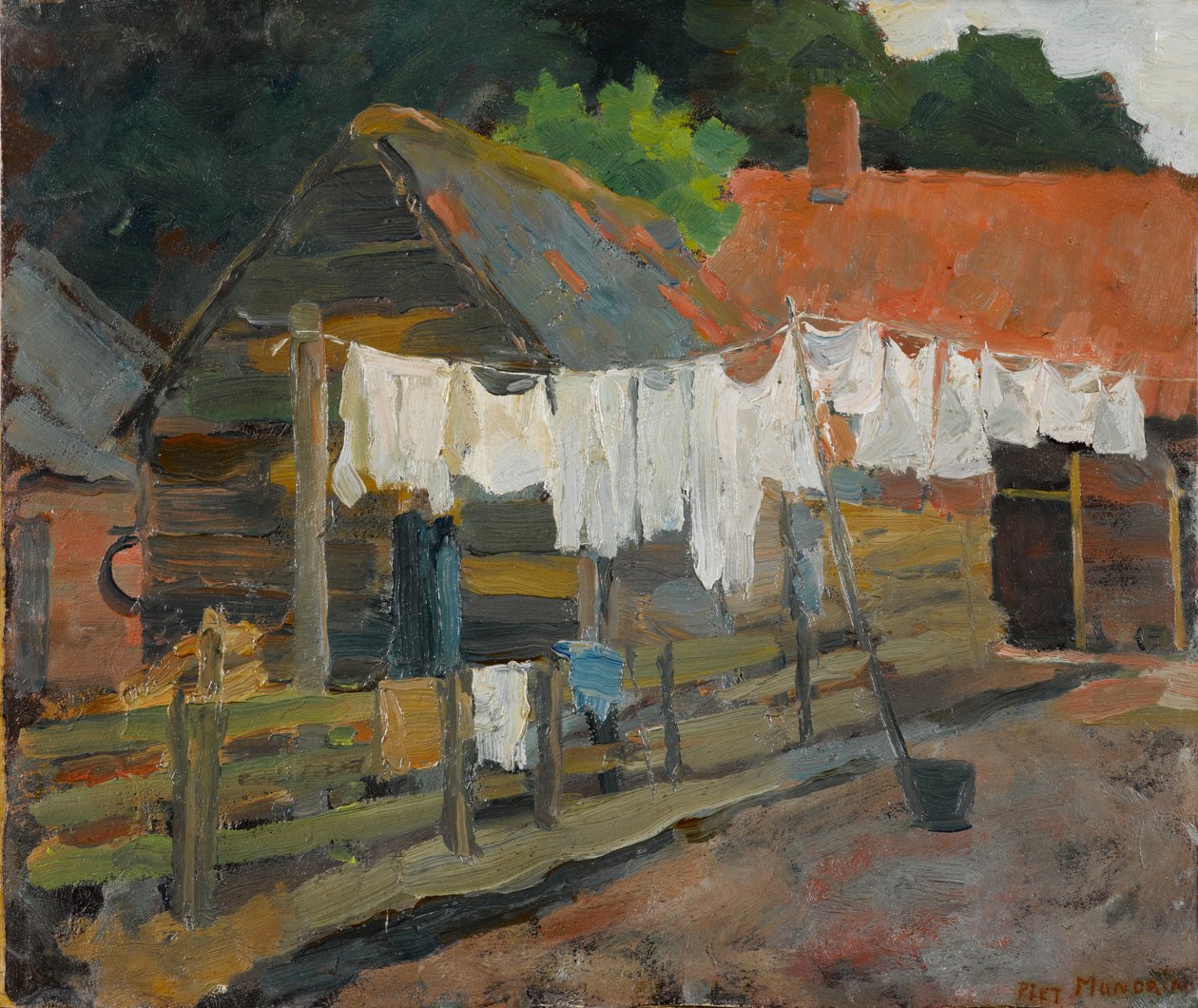 Wash on the Line ile Çiftlik Evi, c.1898 (karton üzerine yağlı boya) by Piet Mondrian