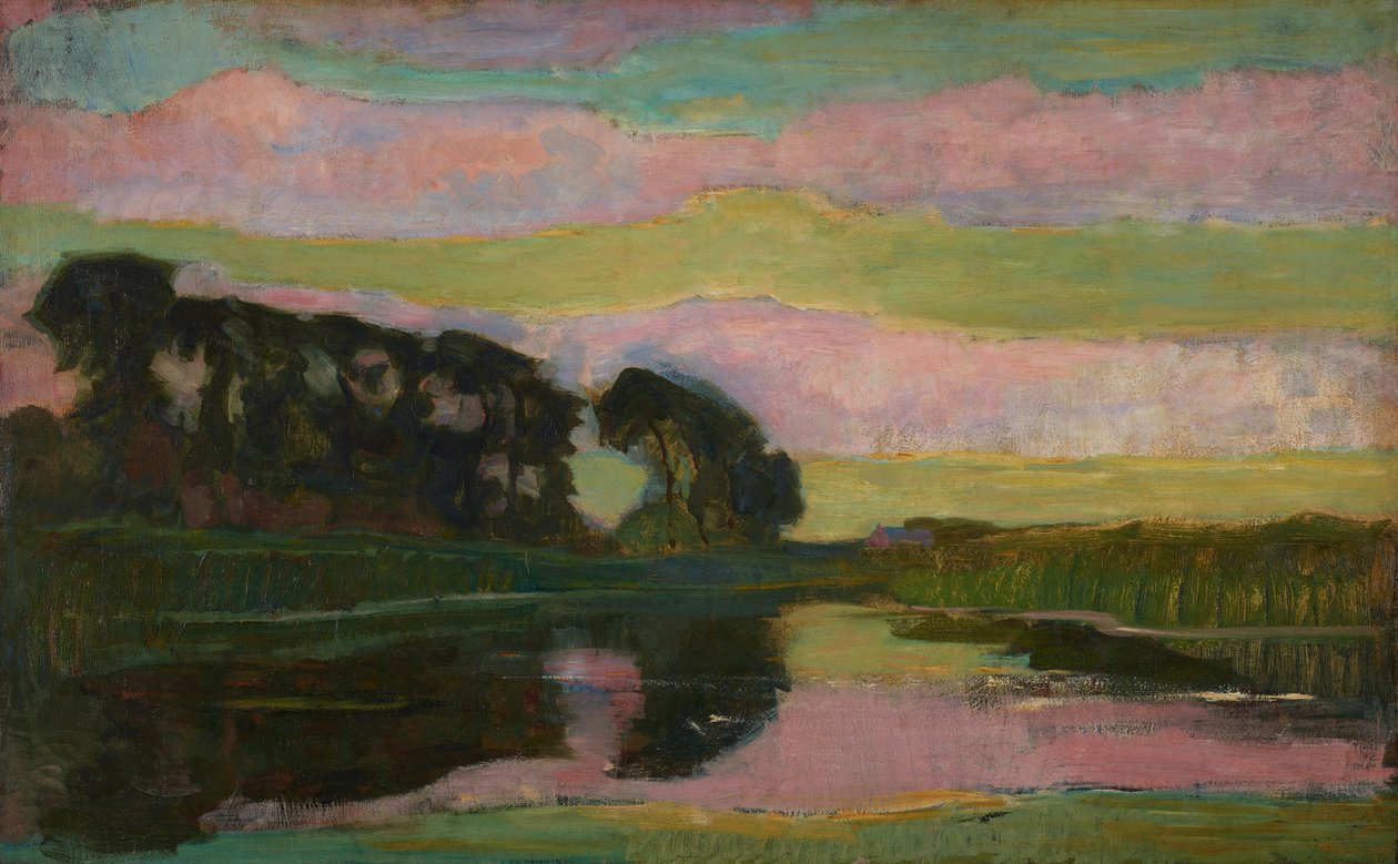 Solda Bir Sıra Ağaçla Nehir Manzarası, Pembe ve Sarı-Yeşil Bantlarla Gökyüzü: Uzun Ağaçlar Tarafından Gösterilen Gein Üzerinde Çiftlik, c.late 1907-08 by Piet Mondrian