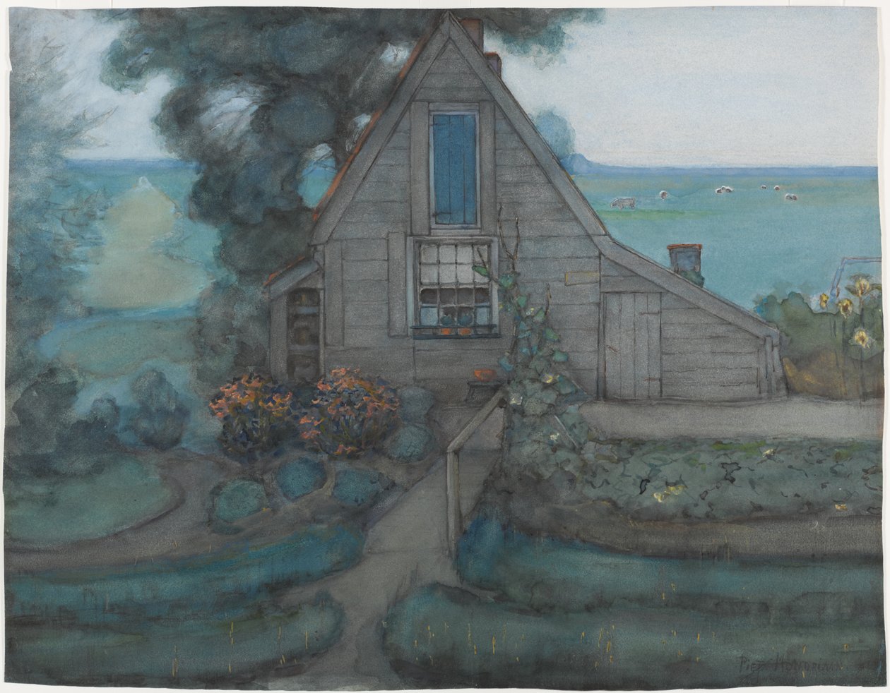 Mavi Polder ile Üçgen Çiftlik Evi Cephesi, c.1900 (kağıt üzerinde wc ve guaj) by Piet Mondrian