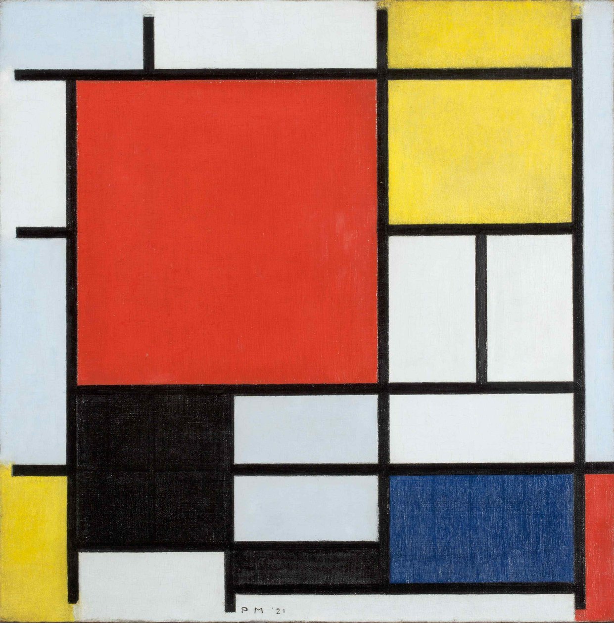 Büyük Kırmızı Düzlem, sarı, siyah, gri ve mavi ile kompozisyon by Piet Mondrian