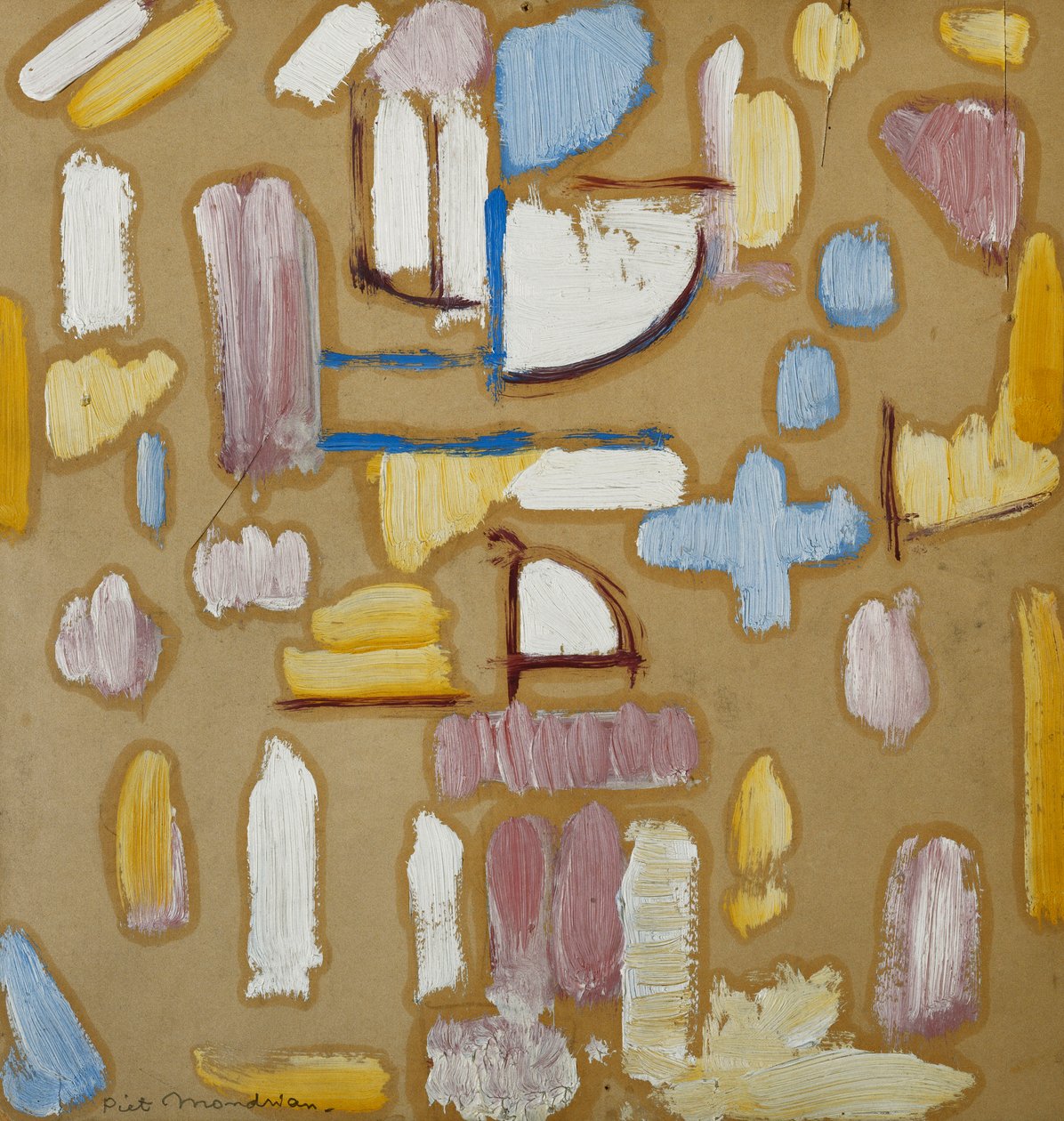 Pembe, Mavi, Sarı ve beyaz ile kompozisyon (Kilise Cephesi), c.1912 (gemide yağ) by Piet Mondrian