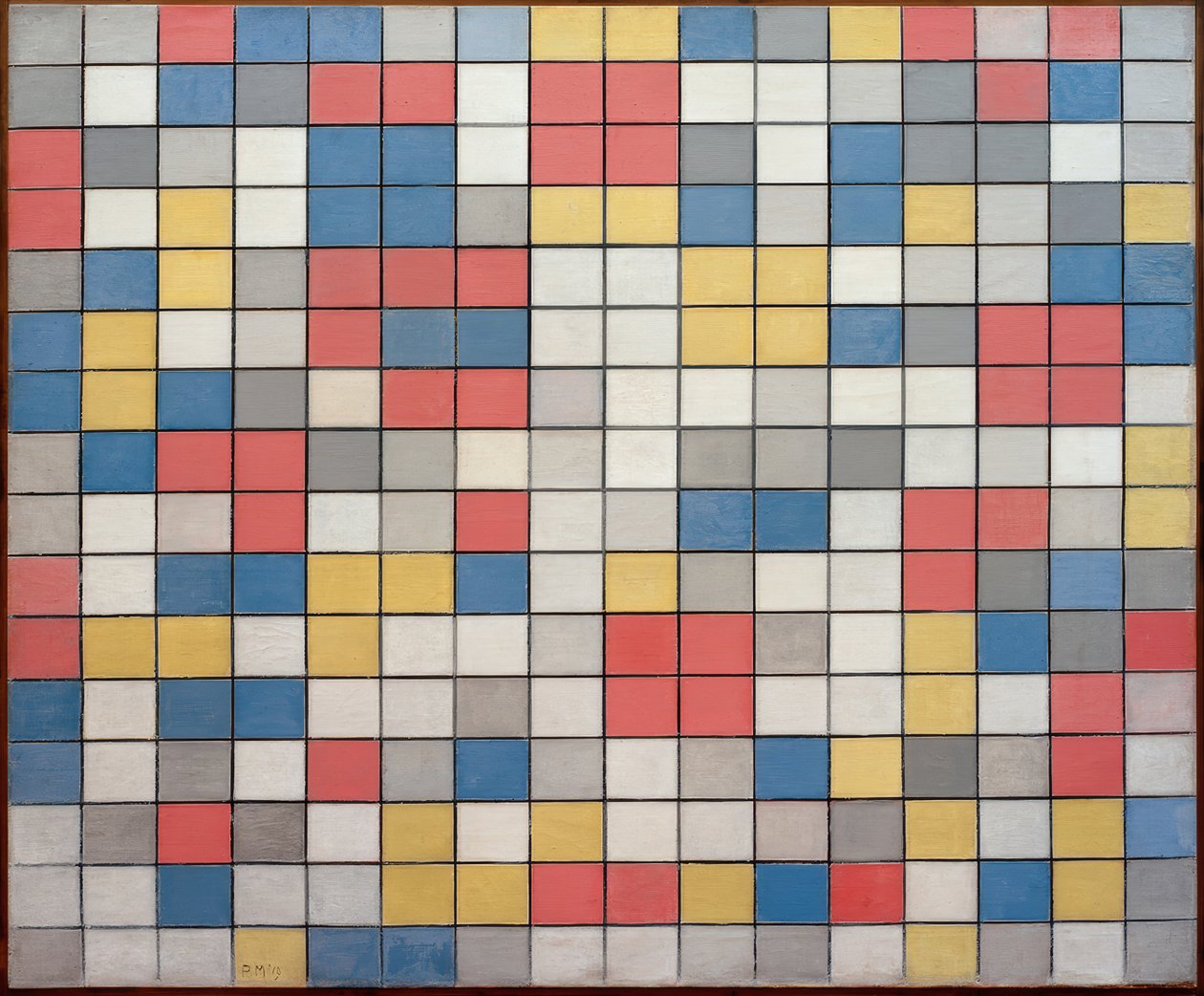 Izgara 9 ile kompozisyon; Parlak renkler ile satranç tahtası by Piet Mondrian