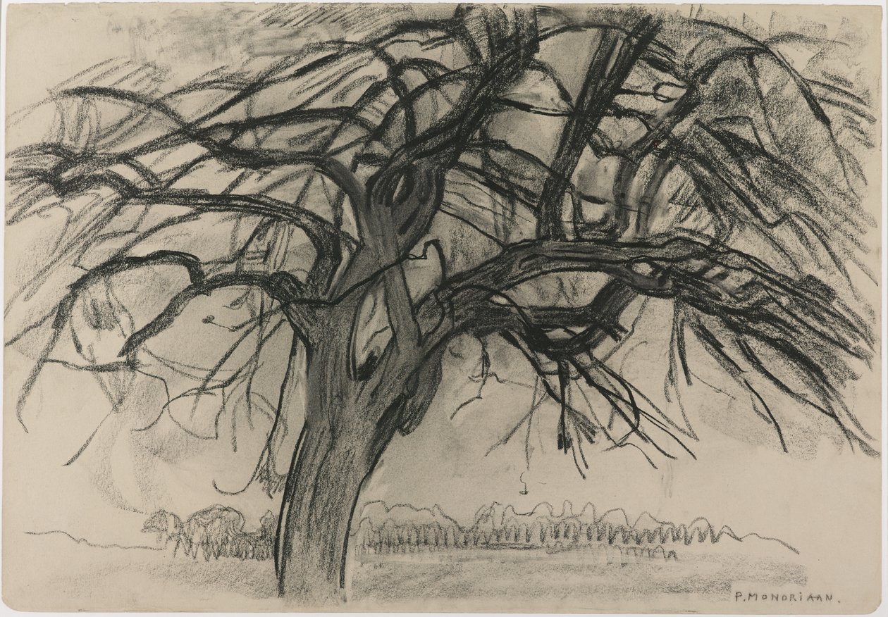 Akşam için Ön Çalışma: Kızıl Ağaç, 1908 (kağıt üzerinde siyah mum boya ve karakalem) by Piet Mondrian