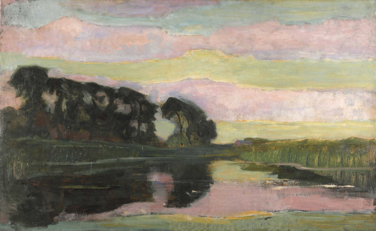 Pembe ve sarı yeşil gökyüzü, ca 1907-1908 ile nehir manzarası. by Piet Mondrian