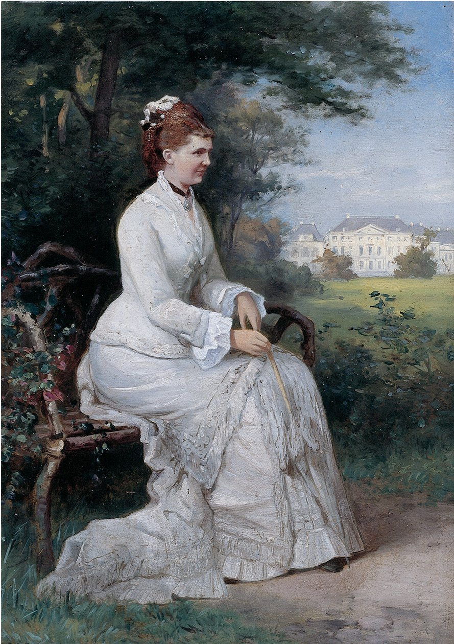 Palace Het Loo parkındaki bir bankta oturan Prenses Emma von Waldeck-Pyrmont