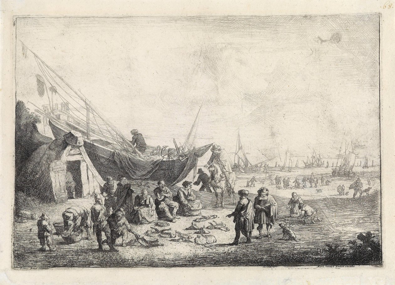 Scheveningen sahilindeki balık pazarı by Pieter Bouts