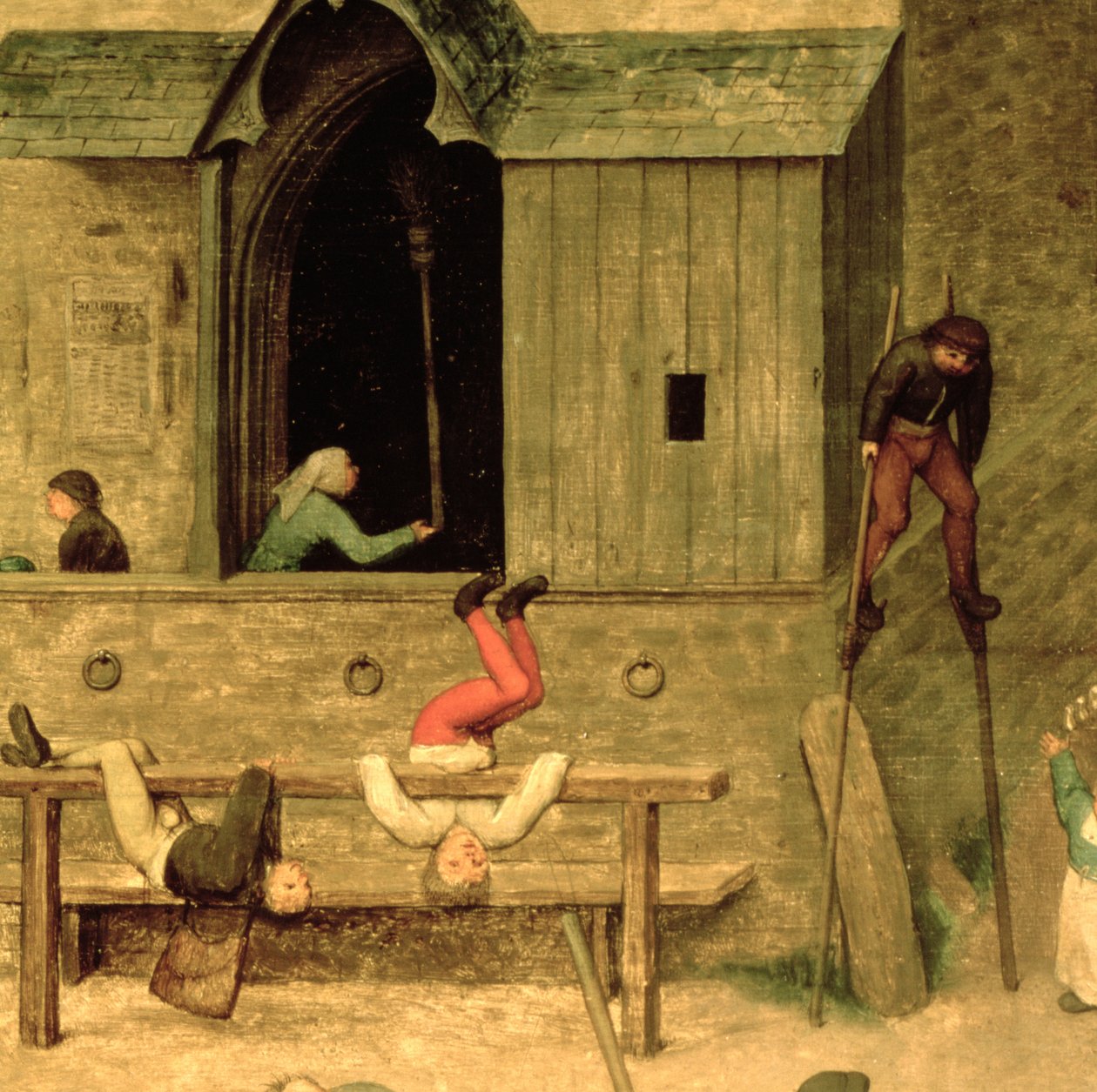Çocuk Oyunları (Kinderspiele): Ayaklıklar üzerinde duran bir çocuğun ve stoklarda oynayan çocukların detayı, 1560 (68945 detayı) by Pieter Bruegel the Elder