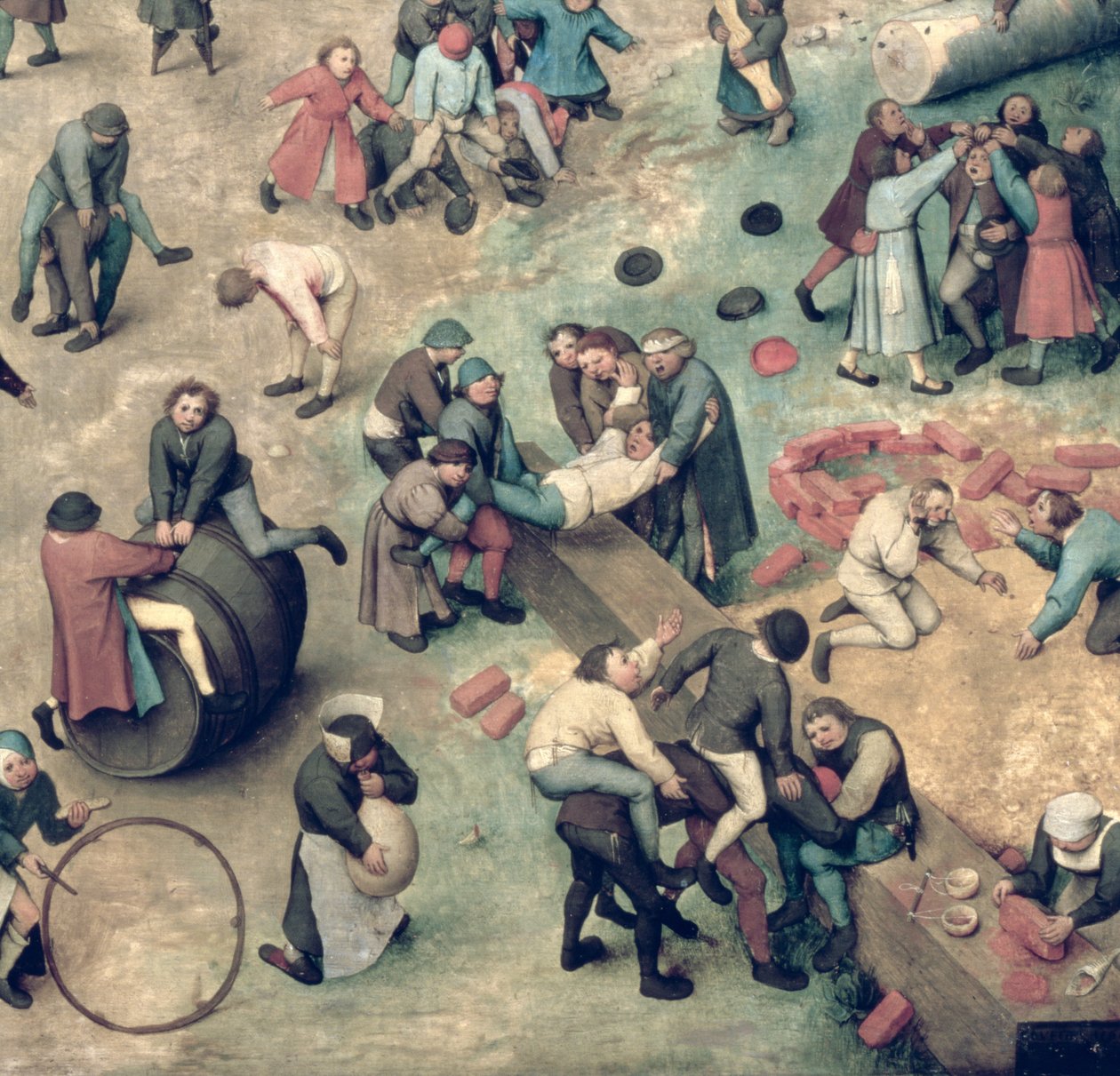 Çocuk Oyunları (Kinderspiele): Tuğla, çember ve fıçı ile oynayan çocukları gösteren sağ alt köşe detayı, 1560 (68945 detayı) by Pieter Bruegel the Elder
