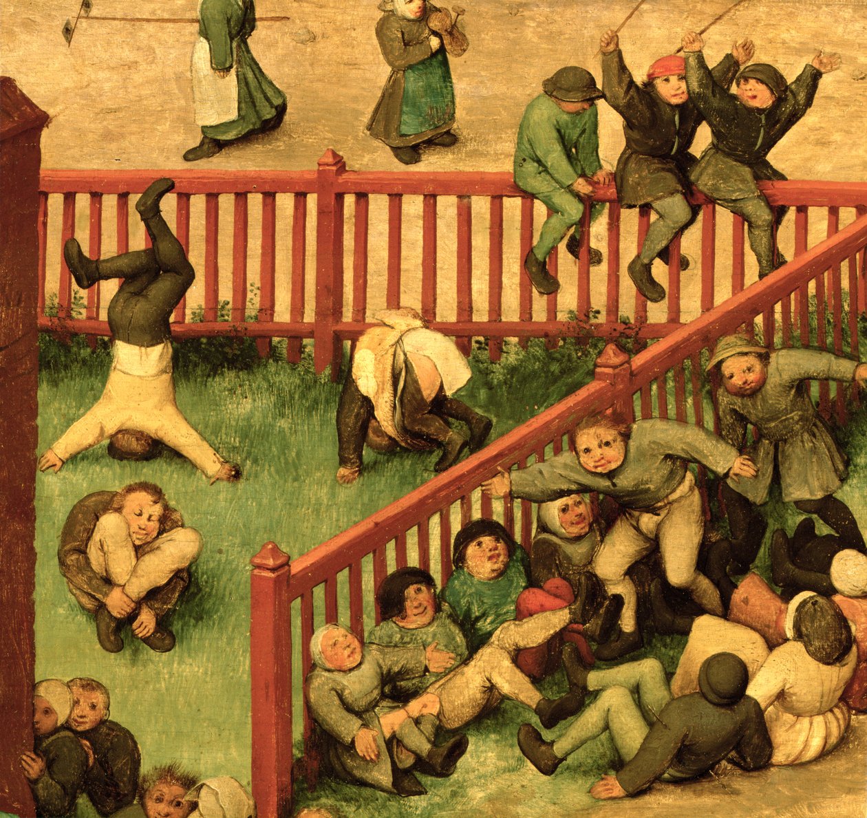 Çocuk Oyunları (Kinderspiele): Eldiven koşan, jimnastik yapan ve bir çit üzerinde denge sağlayan çocukları gösteren sol bölümden detay, 1560 (68945 detayı) by Pieter Bruegel the Elder