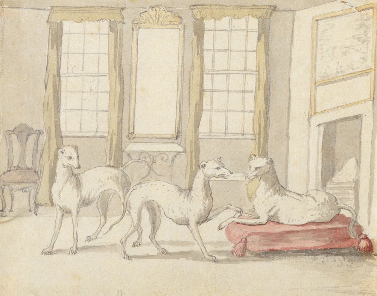 Bir odada üç Tazı (grafit ve kalem ve kağıt üzerine mürekkep) by Pieter Casteels