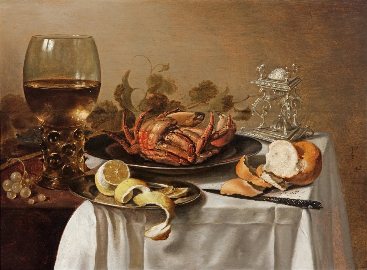 Karaca, yengeç ve soyulmuş limonlu bir natürmort by Pieter Claesz