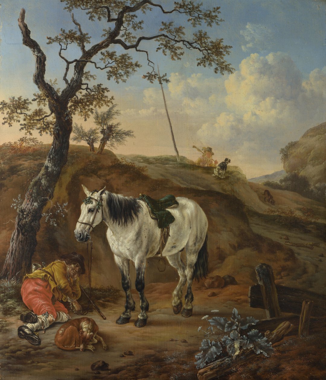 Uyuyan bir adamın yanında duran beyaz bir at by Pieter Cornelisz. Verbeeck