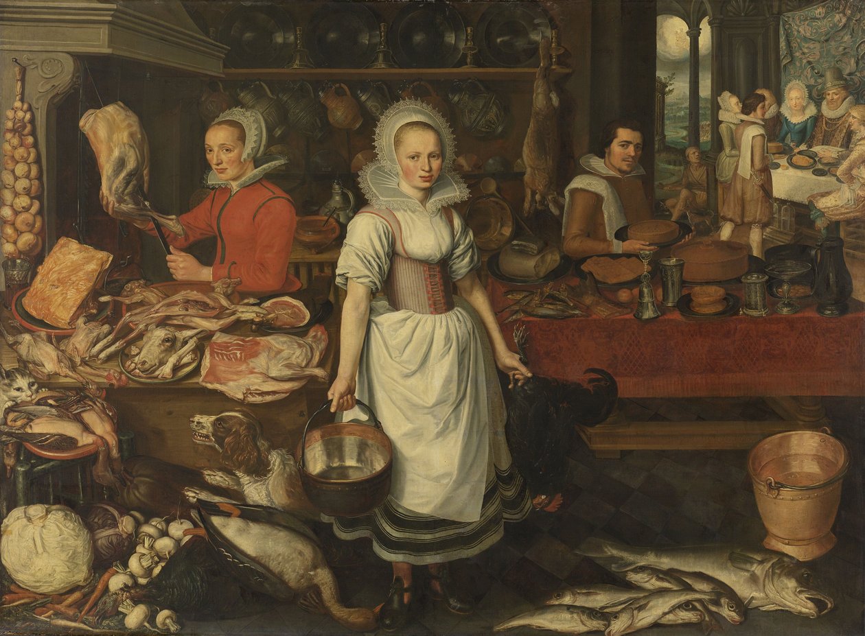 Zengin Adam ve Fakir Lazarus Meseliyle Mutfak Sahnesi by Pieter Cornelisz van Rijck  